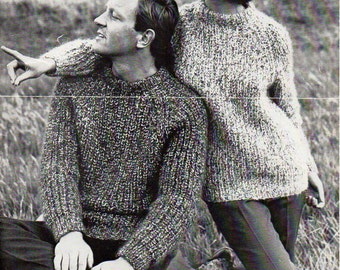 vintage womens mens fishermans rib sweater knitting pattern pdf ladies ribbed jumper 34-42" chunky bulky 12ply pdf instant download