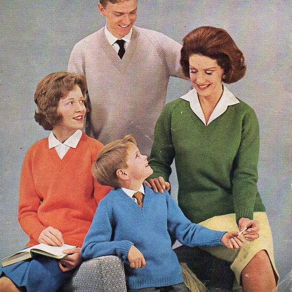 vintage classic sweater knitting pattern pdf womens mens childrens v neck jumper 24-44 inch DK light worsted 8ply pdf instant download