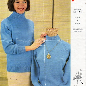 vintage womens sweater knitting pattern pdf 3ply 4ply or DK ladies polo neck or round neck jumpers 30-40 inch Instant download
