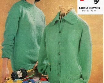 vintage womens sweater cardigan knitting pattern pdf DK ladies jumper cardigan with collar 32-40" DK light worsted 8ply instant Download