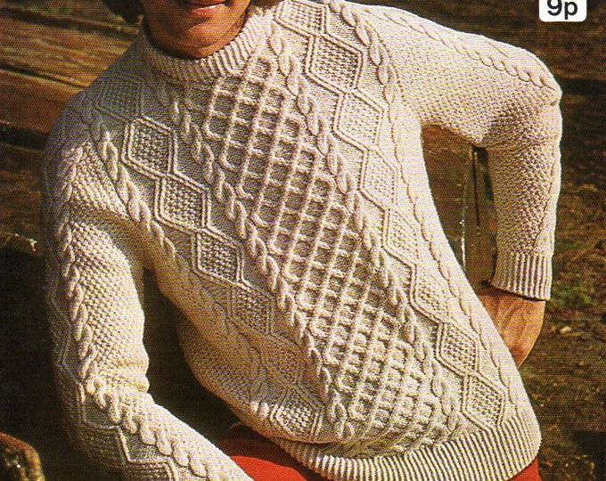 Mens Aran Sweater Knitting Pattern PDF Aran Jumper Crew Neck - Etsy UK
