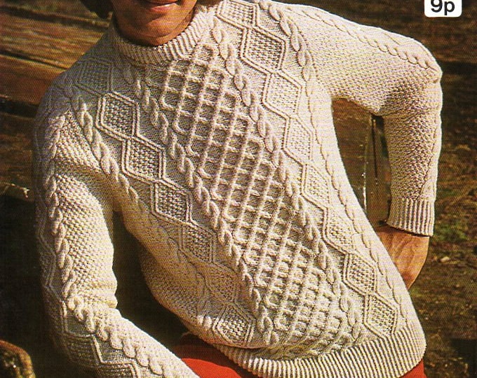Mens Aran Sweater Knitting Pattern PDF Aran Jumper Crew Neck Etsy UK