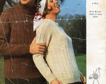 womens / mens sweater knitting pattern PDF DK or 4 ply ladies jumper crew or polo neck Vintage 70s 34-46 inch DK 8ply 4ply instant download