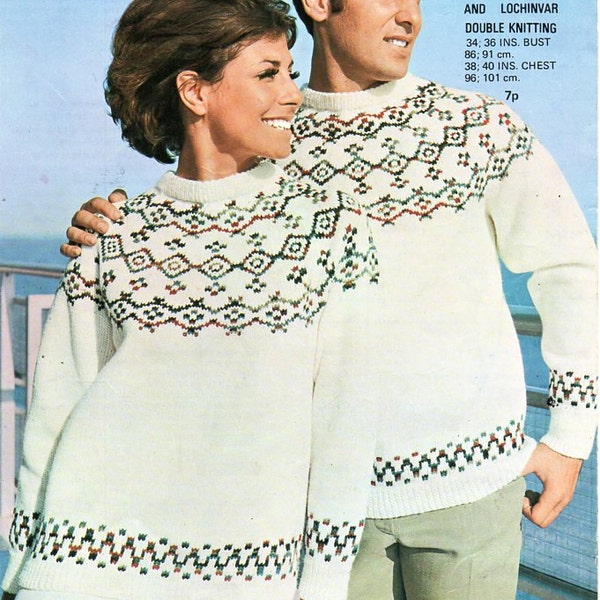 womens / mens fair isle sweater knitting pattern DK ladies fairisle yoke jumper  Vintage 60s 34-40 inch DK light worsted 8ply download