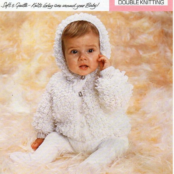 baby loopy jacket with hood knitting pattern PDF baby loop stitch hooded cardigan Vintage 70s 18-22 inch DK light worsted 8ply download