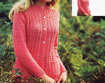vintage ladies cardigan knitting pattern PDF DK womens lacy round neck jacket 32-40 inch DK light worsted 8ply Instant Download