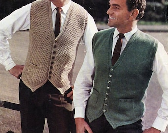 mens knitting pattern pdf mens waistcoats larger sizes DK suit waistcoat v front pockets vintage 44-50inch DK light worsted 8ply download