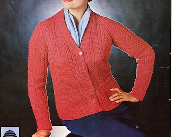vintage womens cardigan knitting pattern pdf DK ladies v neck ribbed jacket with pockets 34-36 inch DK light worsted 8ply instant download