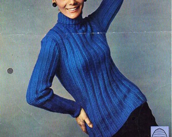 vintage womens sweater knitting pattern pdf ladies rib jumper ribbed polo neck sweater 34-36" DK light worsted 8ply pdf instant download