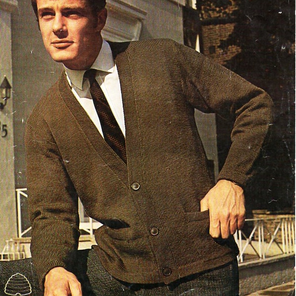 mens cardigan knitting pattern pdf mens 4 ply jacket v neck Vintage 60s 42 inch 4ply mens knitting pattern pdf instant download