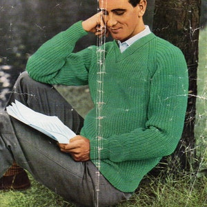 vintage mens ribbed sweater knitting pattern pdf DK fishermans rib v neck jumper 36-44 inch DK light worsted 8ply pdf Instant Download