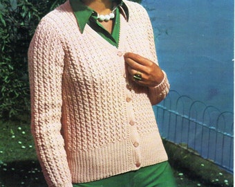 womens cardigan knitting pattern pdf DK ladies lacy v neck jacket Vintage 70s 32-38 inch DK light worsted 8ply Instant Download