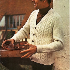 mens aran cardigan knitting pattern PDF mans aran jacket v neck Vintage 70s 38-41 inch aran worsted 10ply aran knitting pattern pdf download