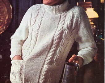 Vintage Men's Cable Knit Sweater Pattern, Polo Neck Jumper (PDF Download)
