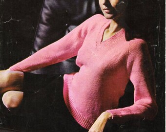 womens sweater knitting pattern pdf ladies jumper v neck Vintage 60s 32-38 inch DK light worsted 8ply Instant download