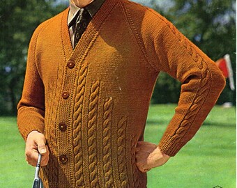 vintage mens cable cardigan knitting patterns pdf mens dk v neck jacket 38-44 inch DK light worsted 8ply Instant download