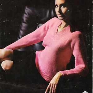 womens sweater knitting pattern pdf ladies jumper v neck Vintage 60s 32-38 inch DK light worsted 8ply Instant download