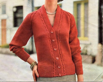 womens cardigan knitting pattern pdf ladies v neck jacket border & raglan detail vintage 50s 38-40 inch DK light worsted 8ply download