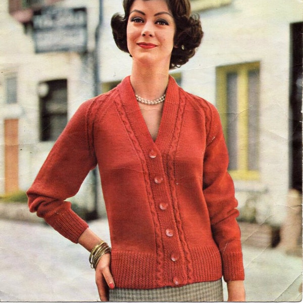 womens cardigan knitting pattern pdf ladies v neck jacket border & raglan detail vintage 50s 38-40 inch DK light worsted 8ply download