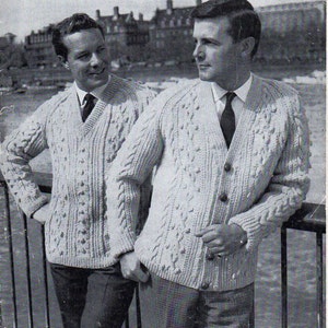 vintage mens aran cardigan sweater knitting pattern pdf mens cable bobble jacket jumper v neck 38-44&quot; aran worsted 10ply Instant download