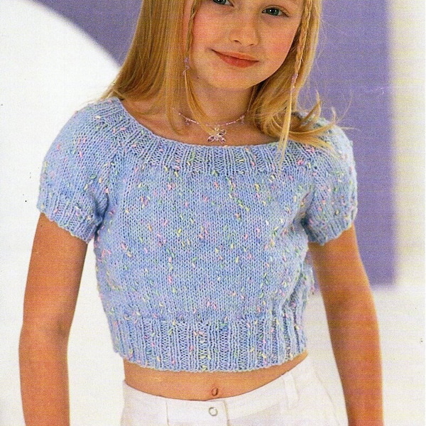girls crop top KNITTING PATTERN pdf download childrens top summer top short sleeve sweater 24-34 inch chest DK / light worsted / 8ply yarn