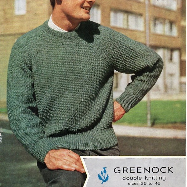 vintage mens rib sweater knitting pattern PDF mens ribbed jumper 36-46" DK light worsted 8ply Instant Download