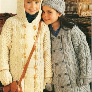 childrens aran coat KNITTING PATTERN pdf download childs cable hooded jacket hat mitts 20-30 inch chest aran / worsted /10ply yarn