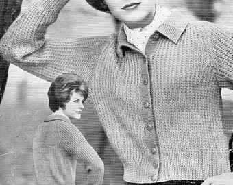 vintage womens rib jacket knitting pattern pdf ladies ribbed cardigan with collar 34-36 inch DK light worsted 8ply Instant download