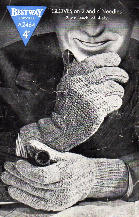 mens gloves knitting pattern PDF mans 4ply gloves Vintage 40s Etsy