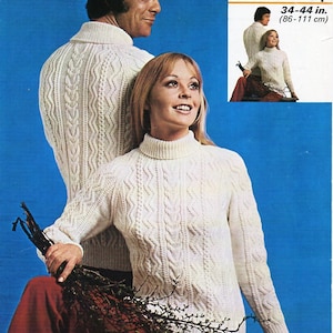womens / mens aran sweater knitting pattern PDF ladies aran jumper round or polo neck Vintage 70s 34-44 inch DK light worsted 8ply download