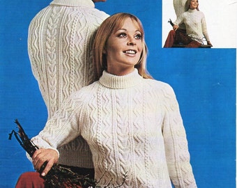 Vintage 70s Aran Sweater Knitting Pattern, Mens/Womens 34-44" (PDF Download)
