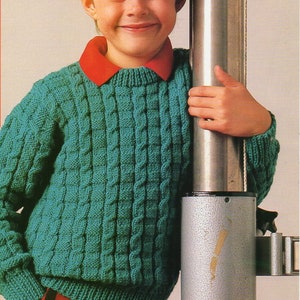 childrens cable sweater KNITTING PATTERN pdf download childs round neck textured jumper 26-32 inch chest DK / light worsted / 8ply yarn