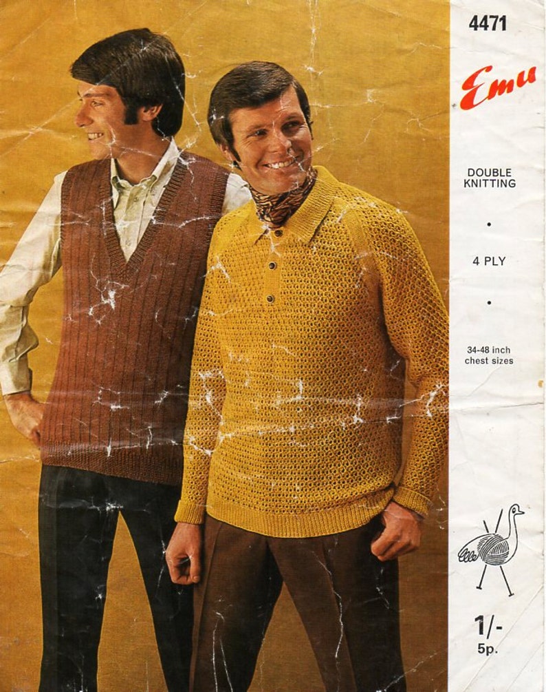 K&ouml;nnte beinhalten: Eine Strickanleitung f&uuml;r einen gelben Pullover und eine braune Weste. Das Muster hei&szlig;t "Emu" und ist f&uuml;r Doppelstrick mit 4-f&auml;digem Garn. Das Muster ist f&uuml;r Brustgr&ouml;&szlig;en von 86 bis 122 cm.
