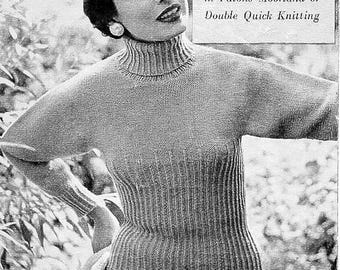 Vintage Ladies Ribbed Polo Neck Sweater Knitting Pattern (34" DK) (PDF Download)