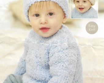 baby chenille sweater hat KNITTING PATTERN pdf download childrens jumper cap 16-26 inch chest chenille chunky / bulky yarn