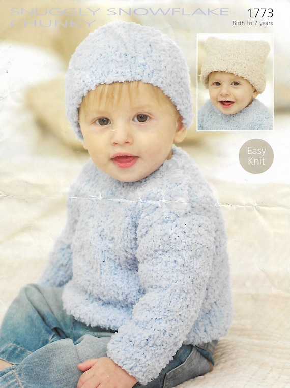 baby chenille sweater hat KNITTING PATTERN pdf download childrens jumper  cap 16-26 inch chest chenille chunky bulky yarn