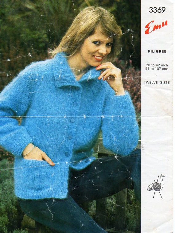 vintage womens mohair cardigan knitting pattern pdf ladies mohair jacket v neck 34-40 mohair 10ply worsted pdf instant download