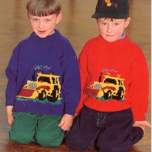 childrens digger sweater KNITTING PATTERN pdf download boys digger motif jumper 22-32 inch chest DK / Light worsted / 8ply yarn