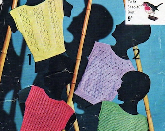 vintage womens tops knitting pattern pdf DK ladies sleeveless sweaters jumpers lacy  34-40 inch DK light worsted 8ply Instant Download