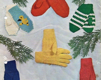 childrens gloves and mittens knitting pattern pdf childs mitts duck motif vintage 60s 2 needles DK light worsted 8ply instant download