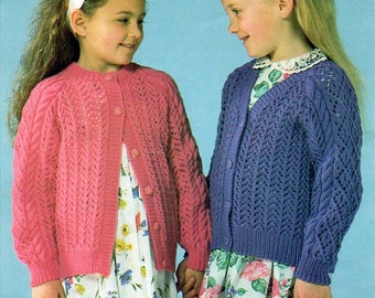 girls cardigan KNITTING PATTERN pdf download childrens lacy round or v neck jacket 20-30 inch chest DK / light worsted / 8ply yarn