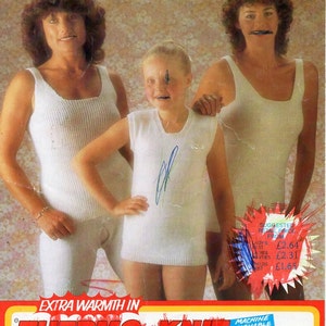 May include: Three people wearing white thermal underwear. The text on the image reads "Lister-Lee Thermal Underwear" and "Extra Warmth in Thermo-Knit with Meraklon 4 Ply Weight".