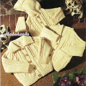 baby childrens aran jackets KNITTING PATTERN pdf download childs cable hooded cardigan collar v neck 20-28 inch Aran / worsted / 10ply yarn