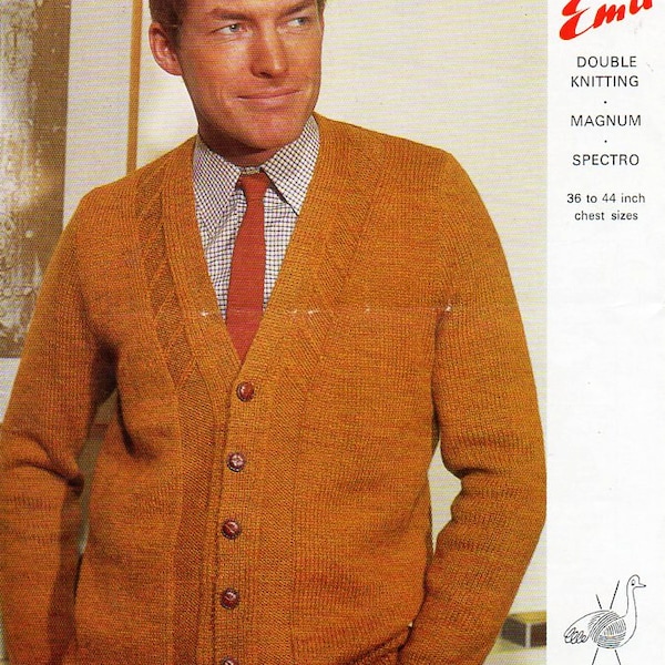 mens knitting pattern pdf DK or Chunky mens cardigan v neck jacket Vintage 60s 36-44 DK 8ply 12ply chunky bulky Instant Download