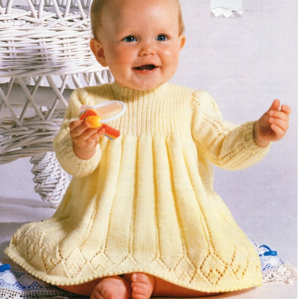 baby dress KNITTING PATTERN pdf download baby girls long sleeve dress 18-20 inch chest 4ply yarn Baby Knitting Pattern pdf