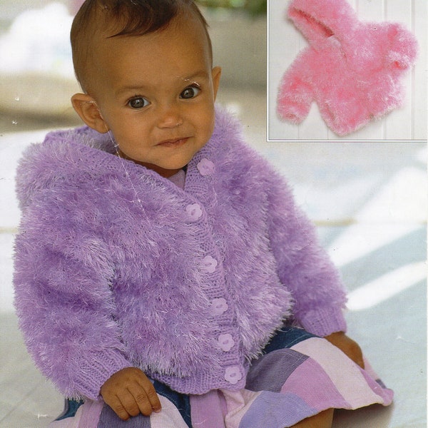 baby toddler childs furry jacket with hood KNITTING PATTERN pdf download girls fur hooded cardigan 18-28 inch chest eyelash DK yarn