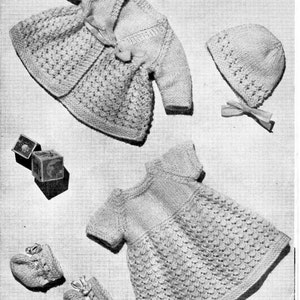 doll clothes knitting pattern pdf baby doll outfit 12 14 16 inch doll vintage 50s matinee coat dress bonnet bootees 4 ply instant download