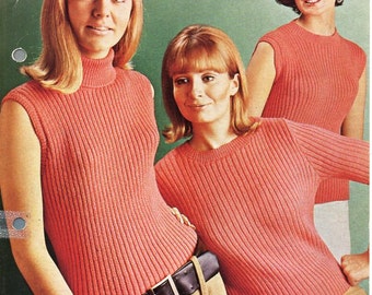 womens sweater & tops knitting pattern pdf 4ply ladies ribbed jumper polo neck short sleeve sweater Vintage 60s 32-40 inch 4ply Download