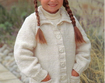childrens chunky cardigan KNITTING PATTERN pdf download childs jacket with collar pockets 22-30 inch chunky / bulky / 12ply yarn