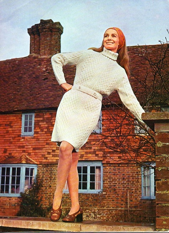 aran knit dress Vintage 70s Pattern, Polo Neck (32-39 inch) (PDF Pattern) Cable knit